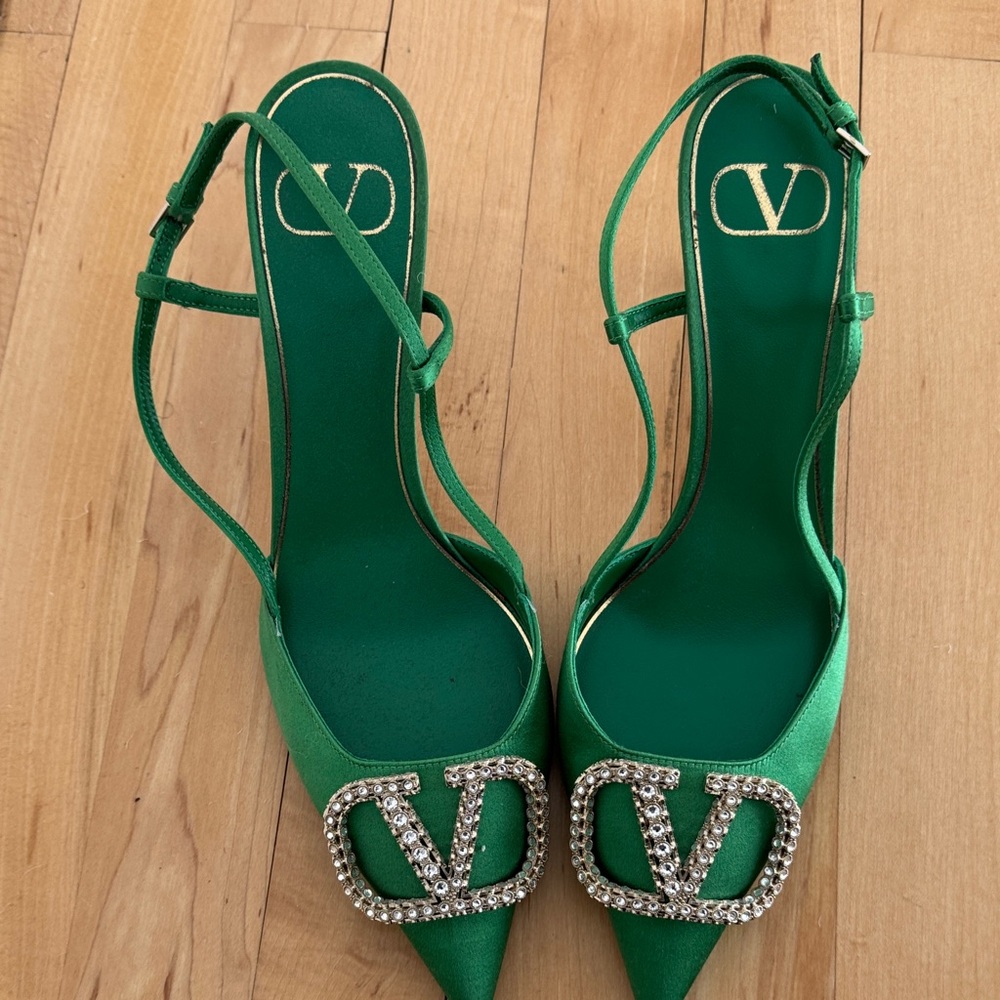 Valentino Garavani VLogo Crystal Slingback Pumps – Emerald Green – Size 39.5